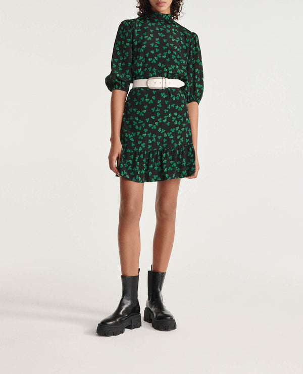 The Kooples - Robe Courte Noire Motif Vert Col Montant - Femme