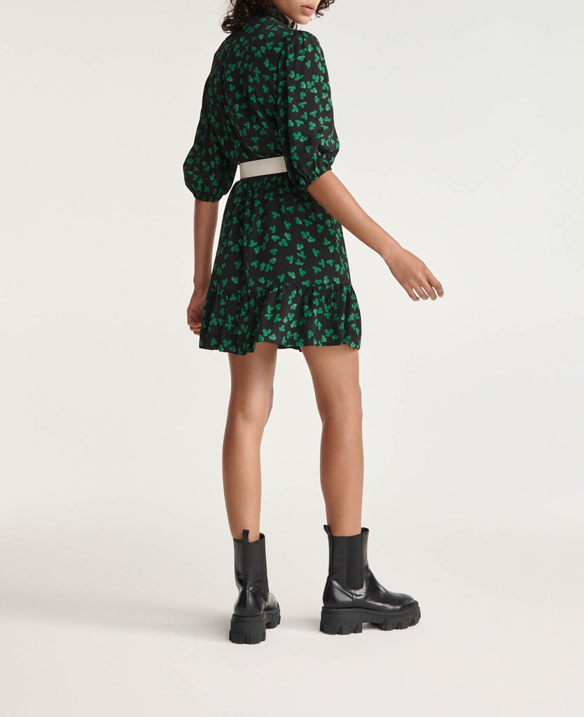 The Kooples - Robe Courte Noire Motif Vert Col Montant - Femme