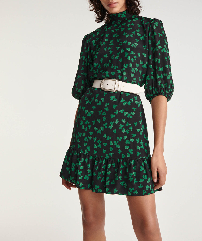 The Kooples - Robe Courte Noire Motif Vert Col Montant - Femme