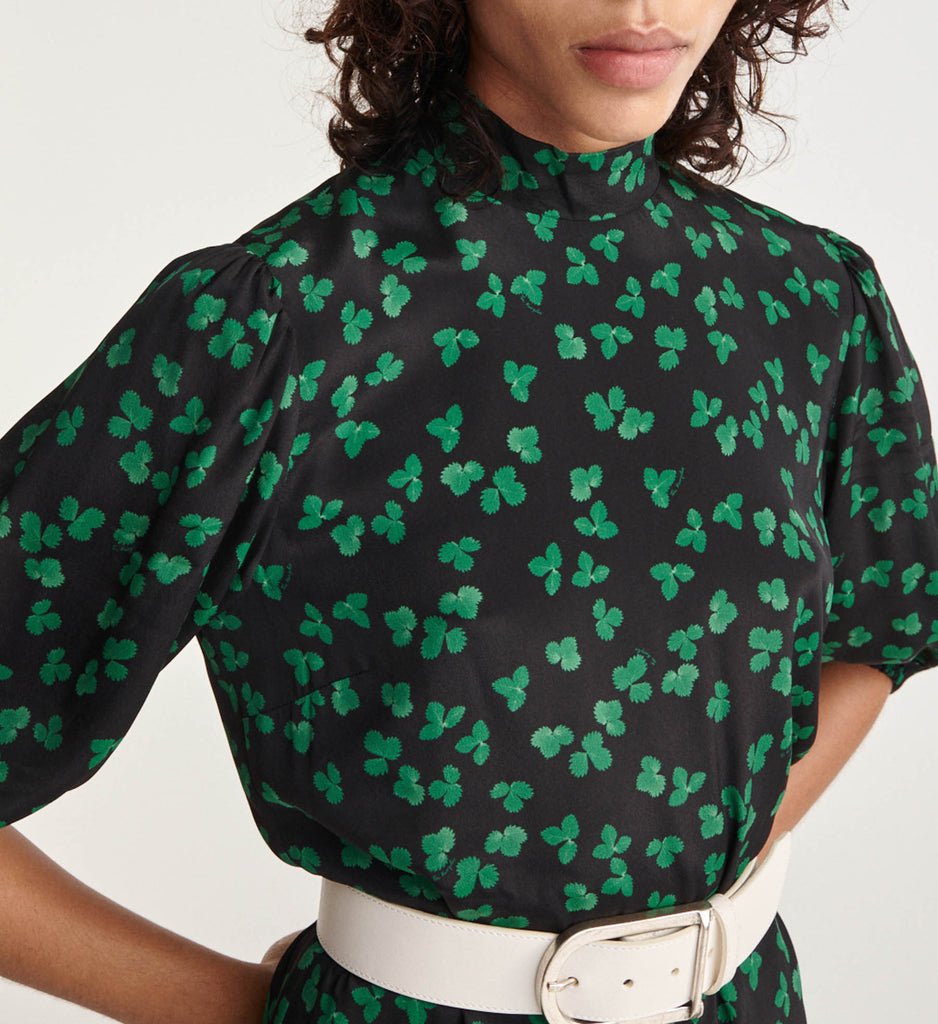 The Kooples - Robe Courte Noire Motif Vert Col Montant - Femme
