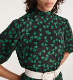 The Kooples - Robe Courte Noire Motif Vert Col Montant - Femme