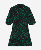 The Kooples - Robe Courte Noire Motif Vert Col Montant - Femme