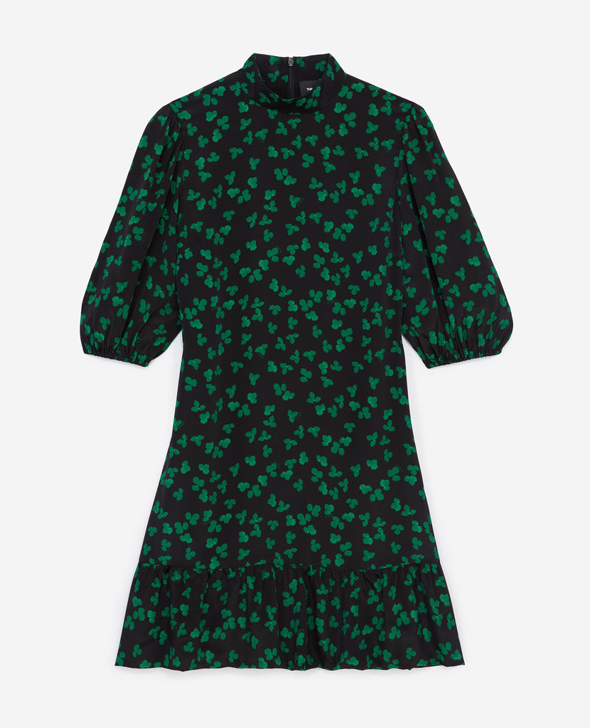 The Kooples - Robe Courte Noire Motif Vert Col Montant - Femme