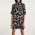The Kooples - Robe Courte Noire Motif Écru Col Montant - Femme