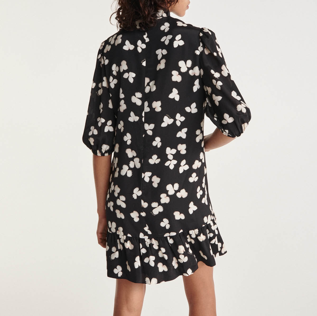 The Kooples - Robe Courte Noire Motif Écru Col Montant - Femme