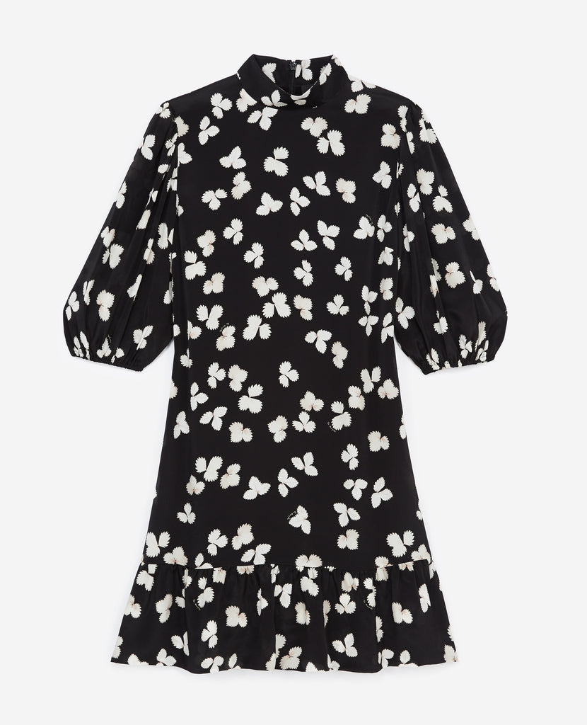 The Kooples - Robe Courte Noire Motif Écru Col Montant - Femme