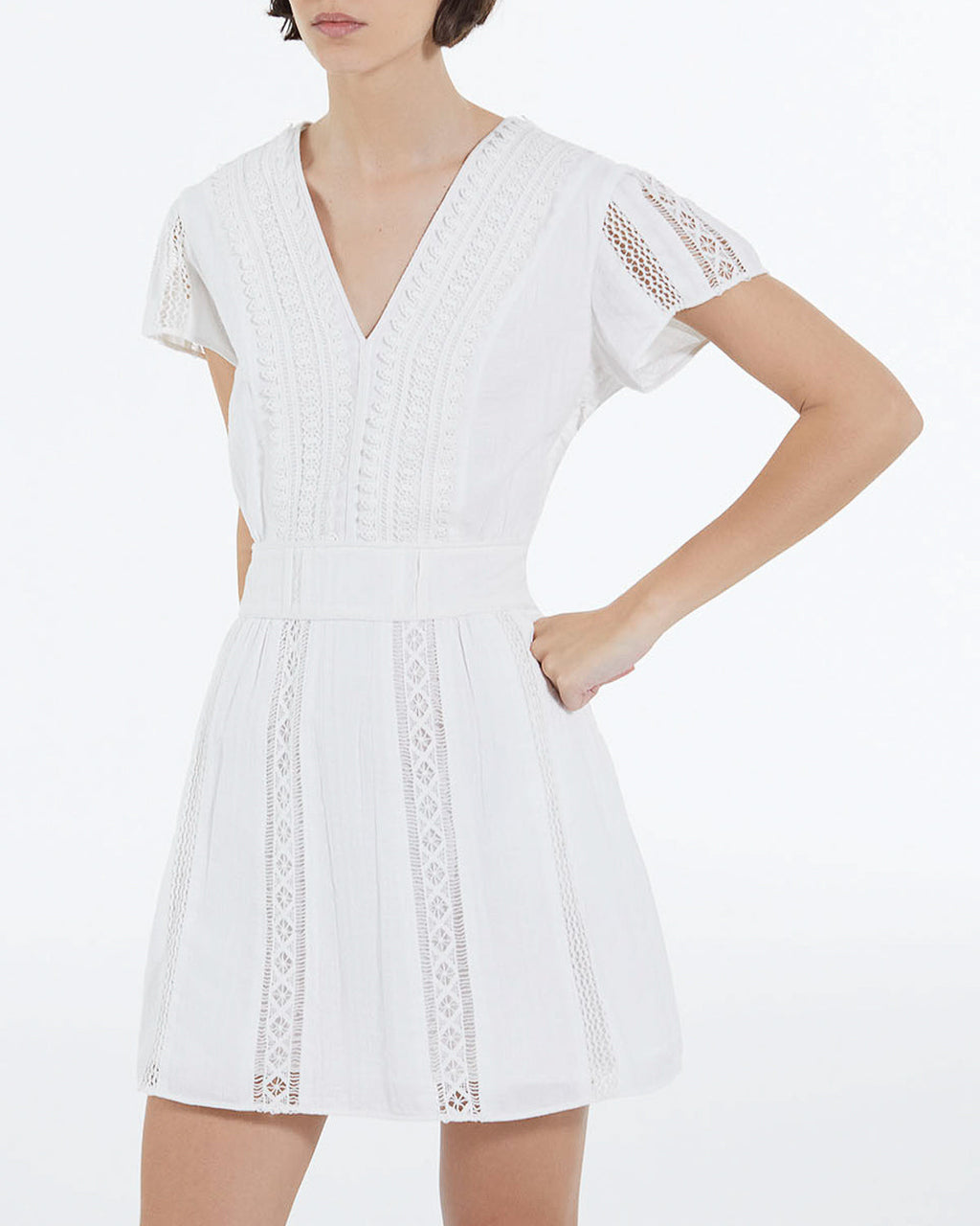 The Kooples - Robe Brodée Écrue Courte Détail Gallon - Femme