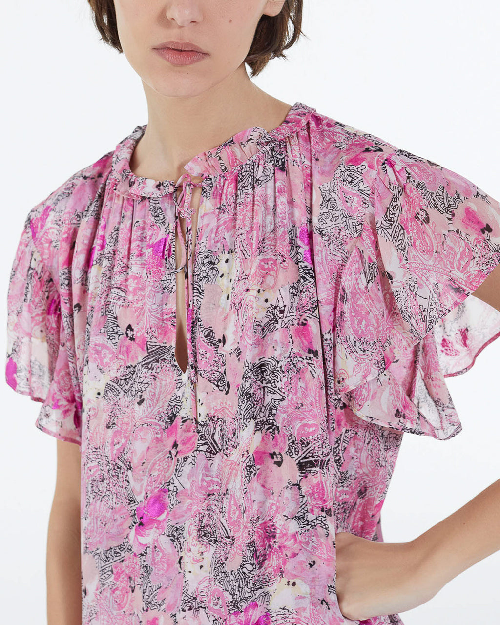 The Kooples - Robe Courte Rose Manches À Volants Motifs - Femme