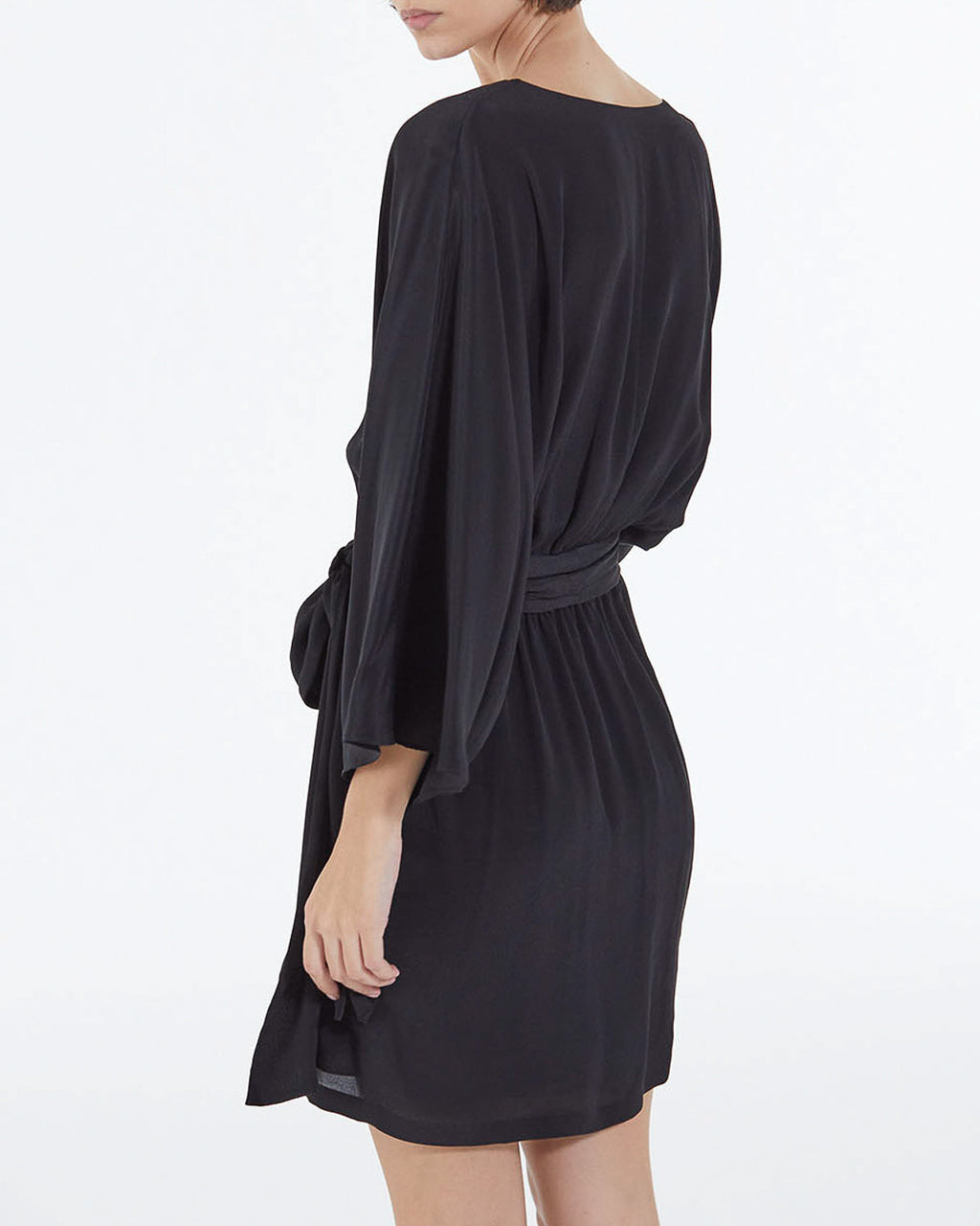 The Kooples - Robe Courte Kimono Ceinturée En Viscose Soie - Noir - Femme
