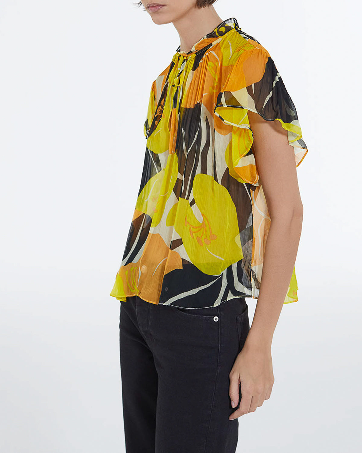 The Kooples - Top Jaune Imprimé Fluide À Volants - Femme