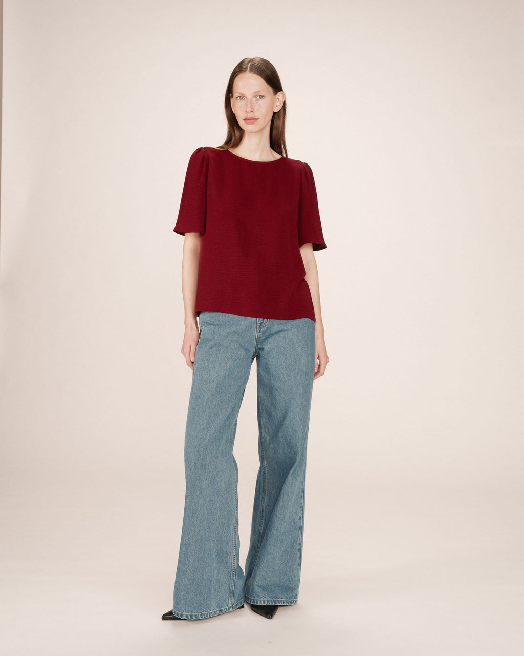 Top Fluide Col Rond Bordeaux Shine