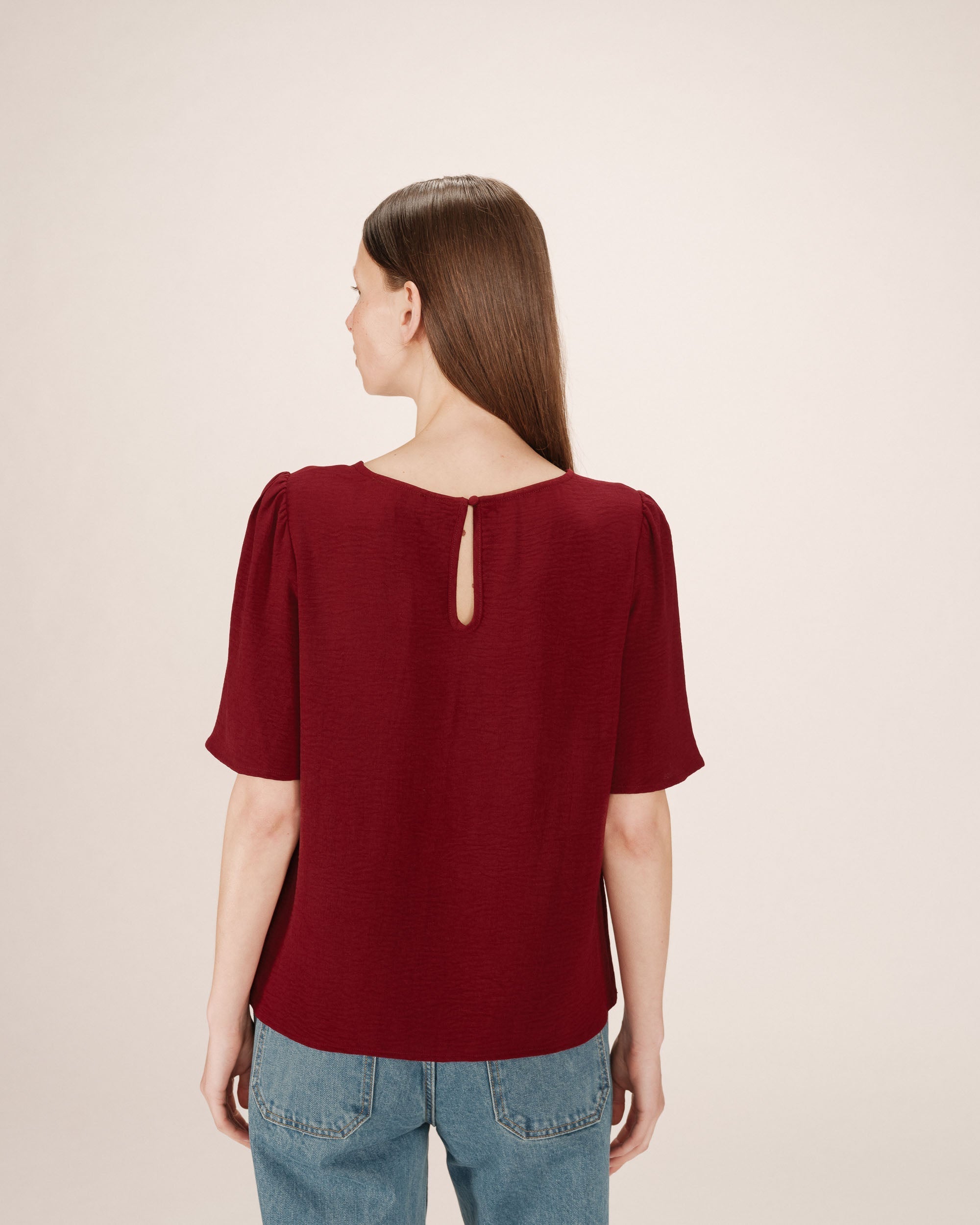 Top Fluide Col Rond Bordeaux Shine