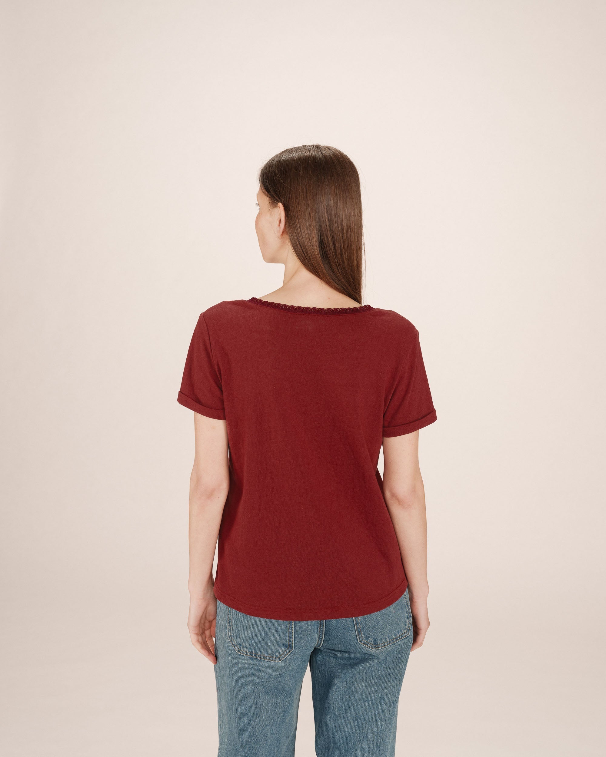 T-Shirt Col V Bordeaux Space