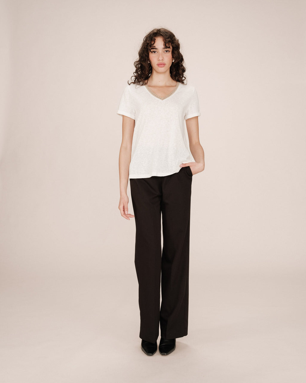 T-Shirt Col V Ivoire Space