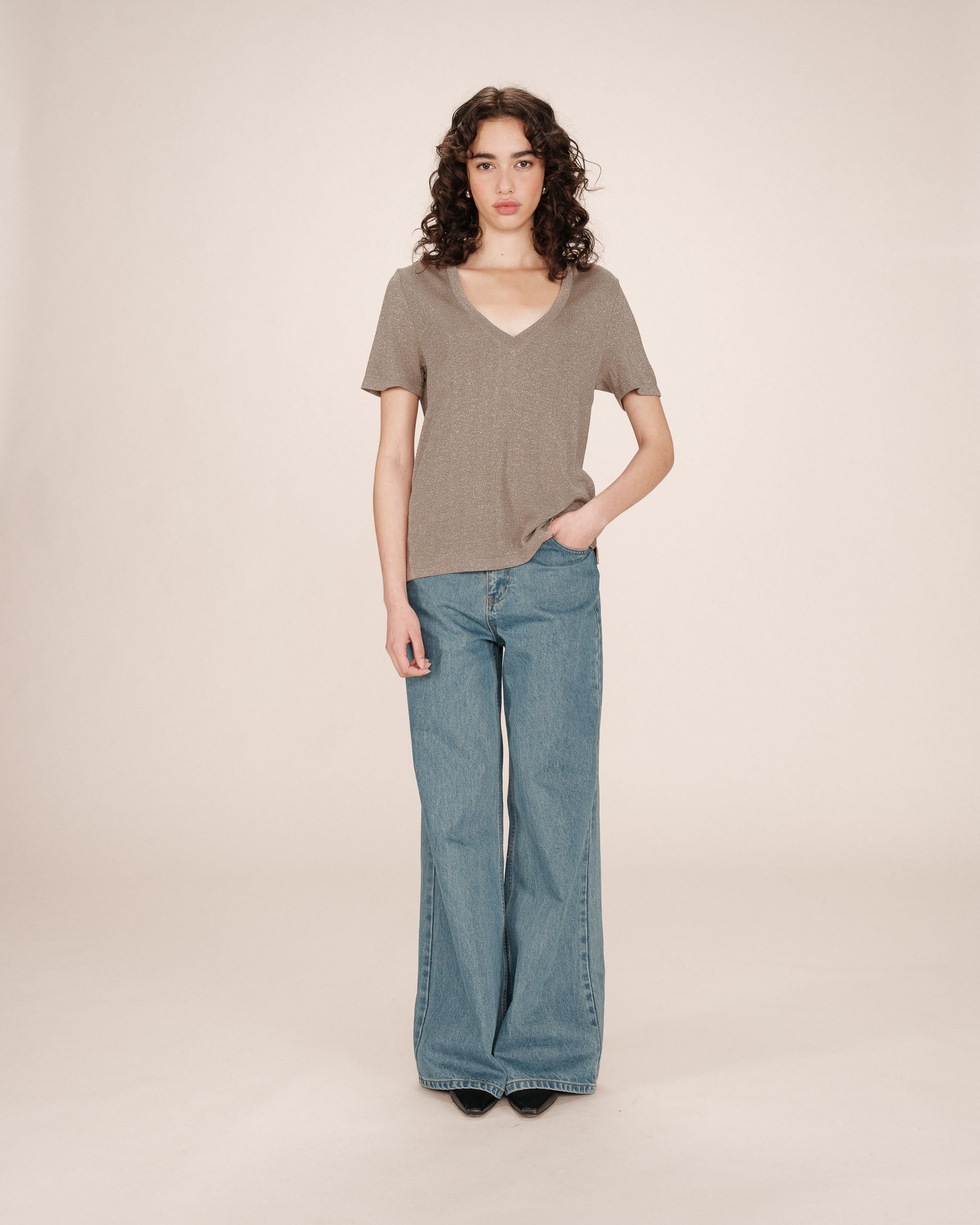 T-Shirt Col V Greige Stardust