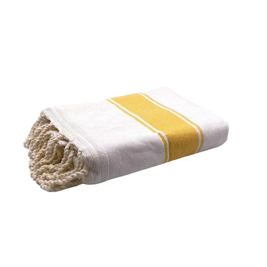 Fouta Doublée Éponge - Blanc/Jaune Moutarde