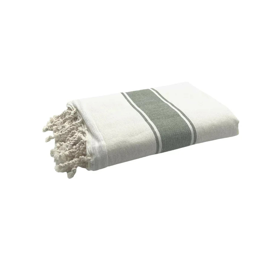 Fouta Doublée Éponge - Blanc/Vert Olive