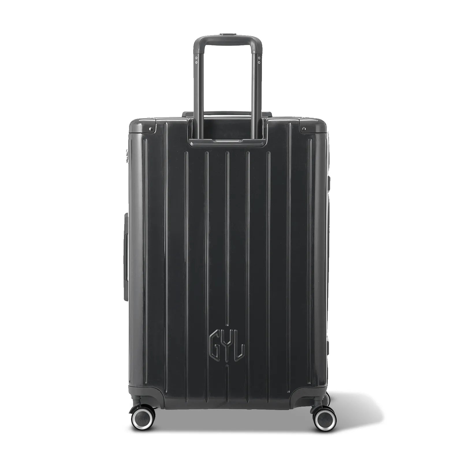 Vue arrière de la valise rigide GYL Intemporelle gris foncé avec poignées intégrées et roulettes pivotantes. #couleur_gris foncé