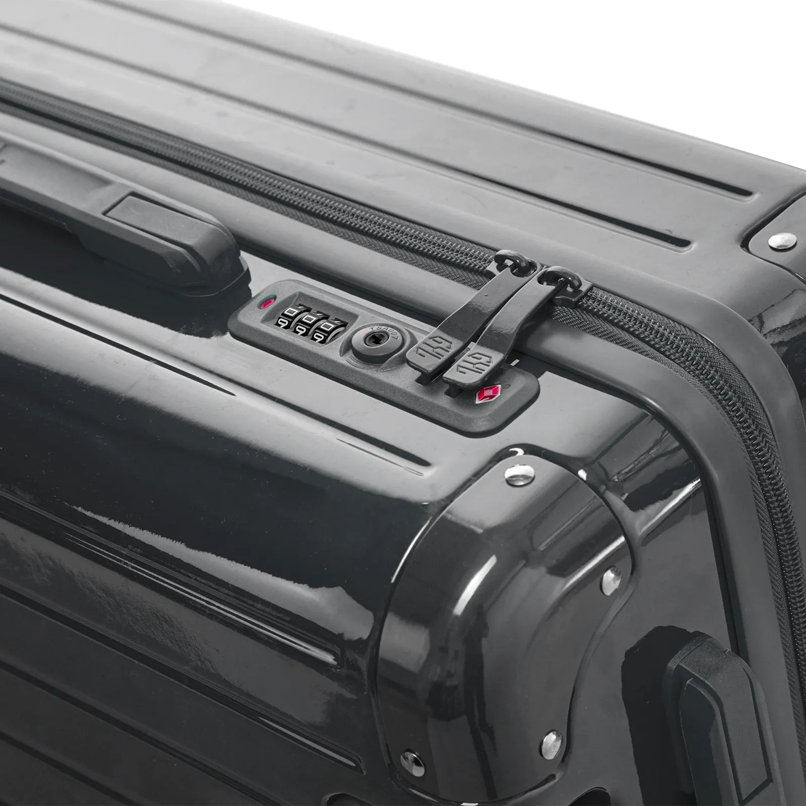 Fermeture à combinaison TSA et double curseur zippé GYL sur la valise rigide gris foncé Intemporelle. #couleur_gris foncé
