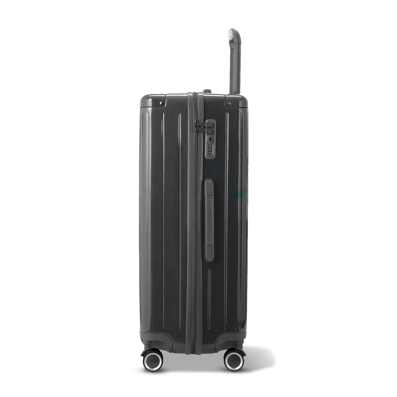 Vue latérale de la valise rigide GYL Intemporelle gris foncé avec poignée télescopique et fermeture TSA. #couleur_gris foncé