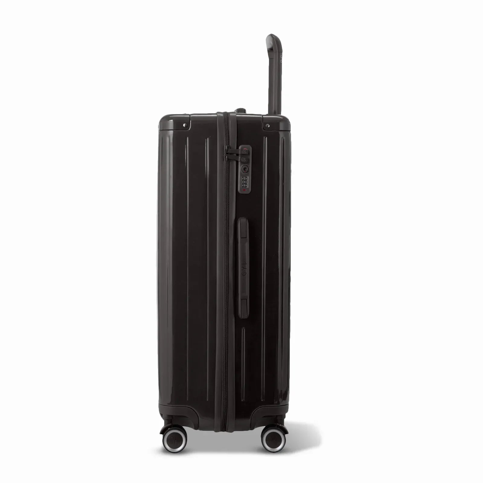 Vue latérale de la valise rigide GYL Intemporelle noir avec poignée télescopique et fermeture TSA. #couleur_noir