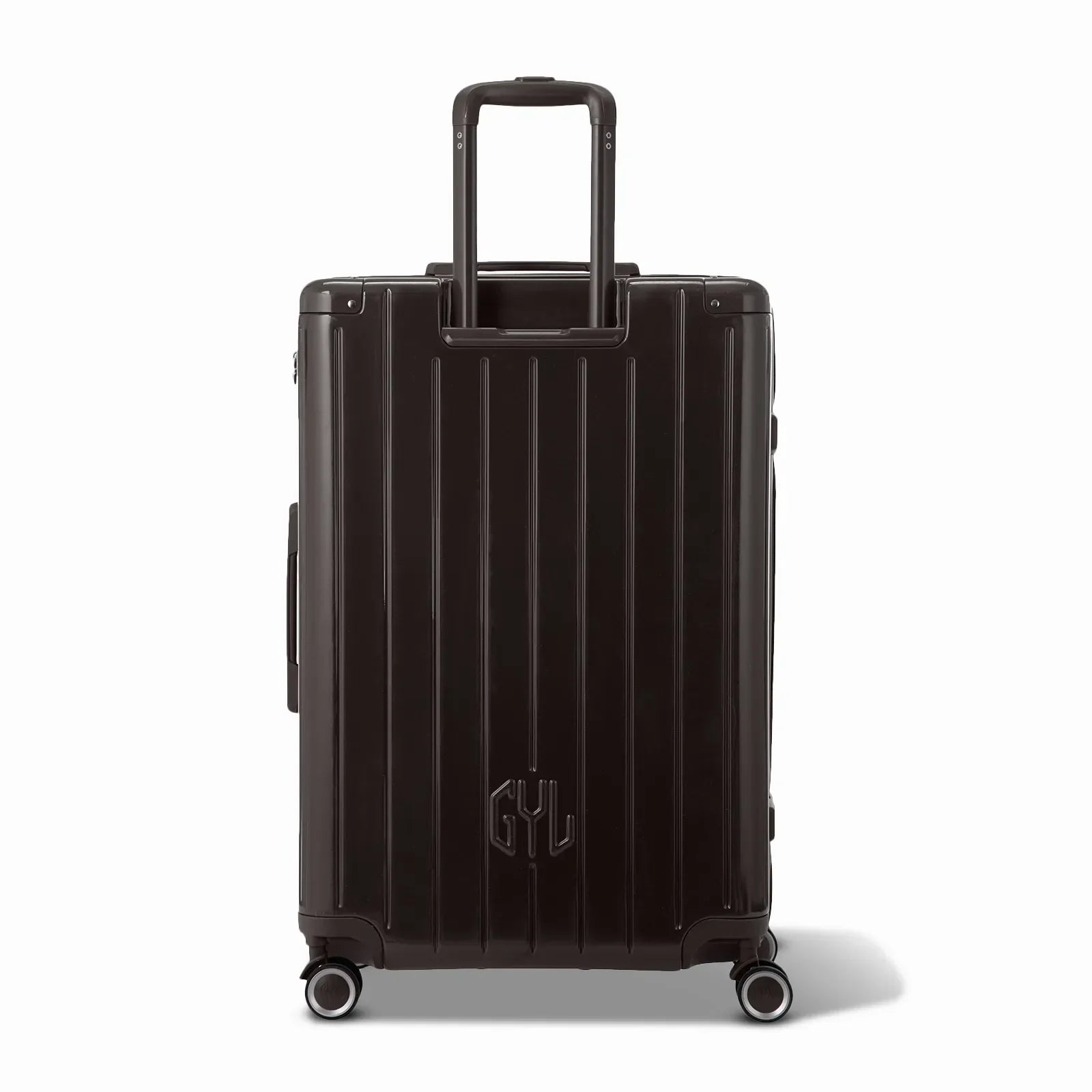 Vue arrière de la valise rigide GYL Intemporelle noir avec poignées intégrées et roulettes pivotantes. #couleur_noir