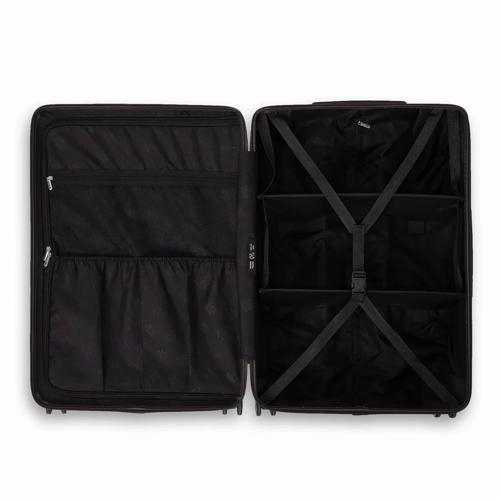 Intérieur compartimenté de la valise GYL Intemporelle noir avec sangles croisées et poches filet. #couleur_noir