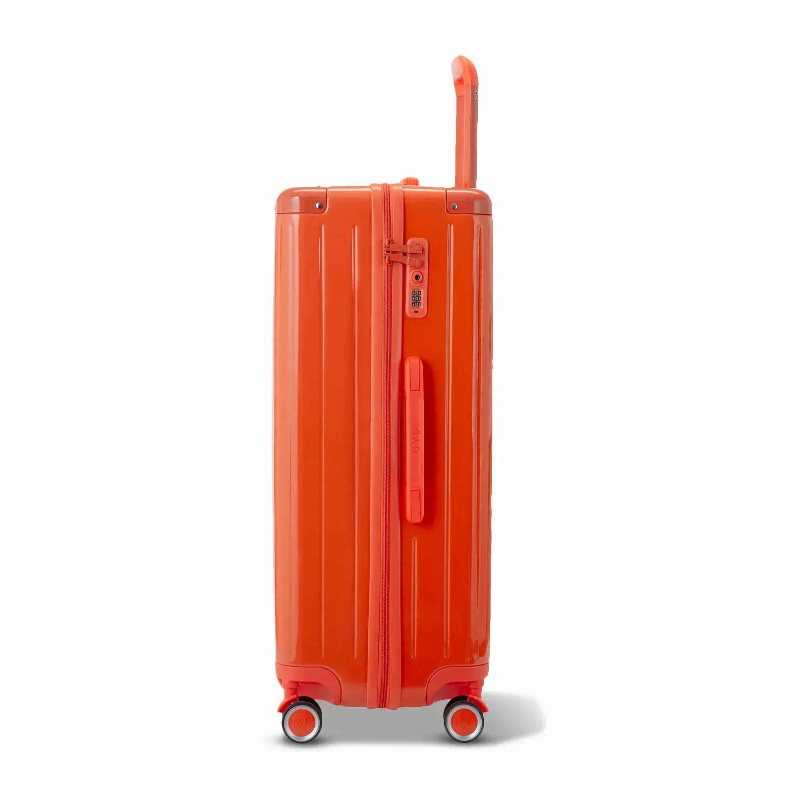 Vue latérale de la valise rigide GYL Intemporelle orange avec poignée télescopique et fermeture TSA. #couleur_orange foncé