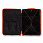 Intérieur compartimenté de la valise GYL Intemporelle orange avec sangles croisées et poches filet. #couleur_orange foncé