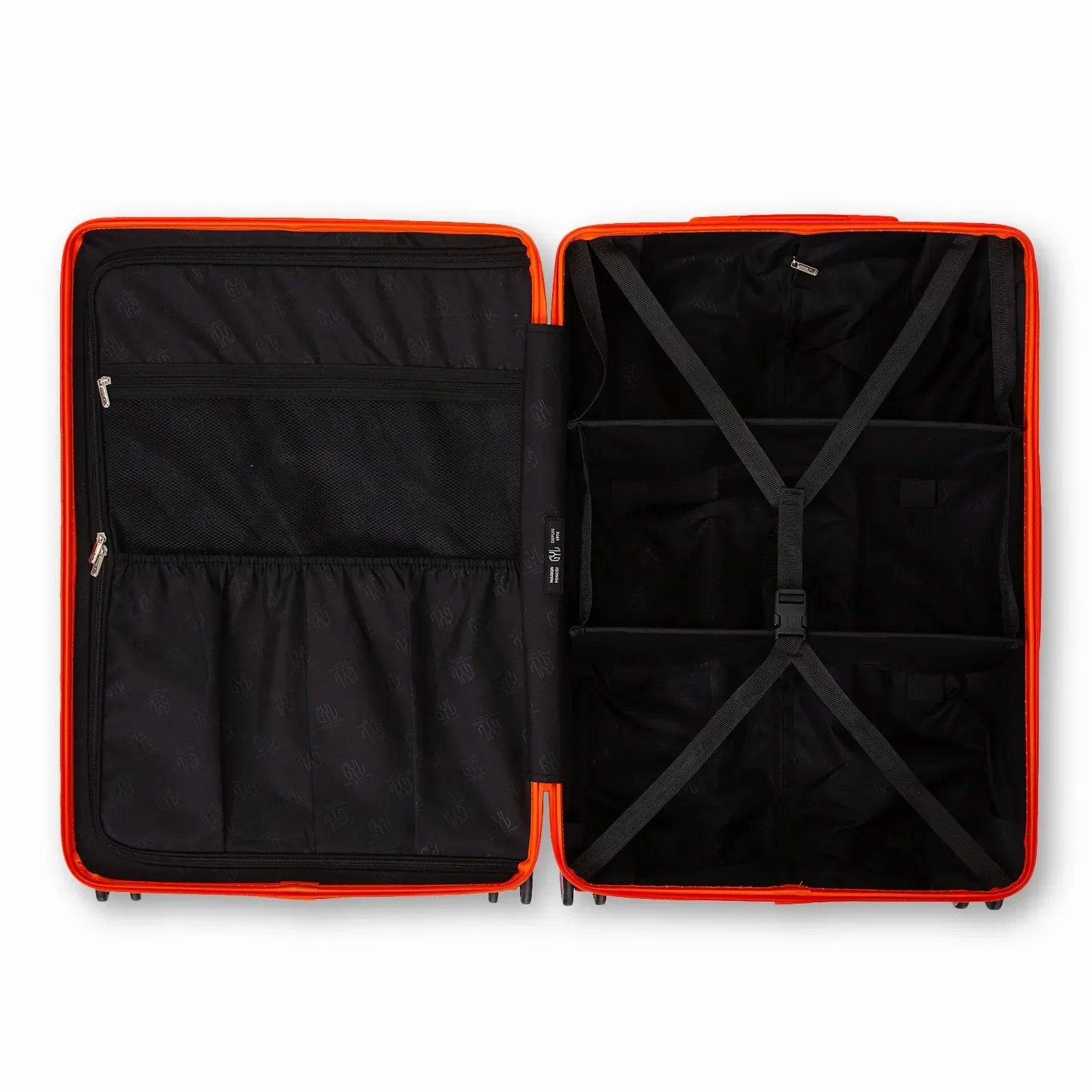 Intérieur compartimenté de la valise GYL Intemporelle orange avec sangles croisées et poches filet. #couleur_orange foncé