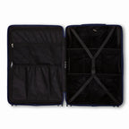 Intérieur compartimenté de la valise GYL Intemporelle marine avec sangles croisées et poches filet. #couleur_marine