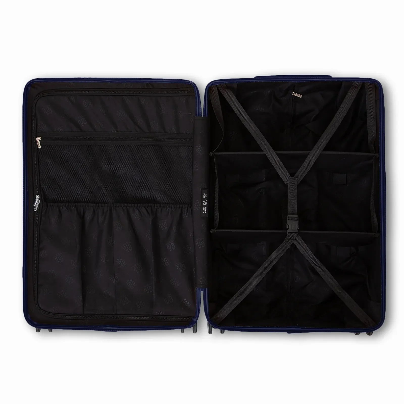 Intérieur compartimenté de la valise GYL Intemporelle marine avec sangles croisées et poches filet. #couleur_marine