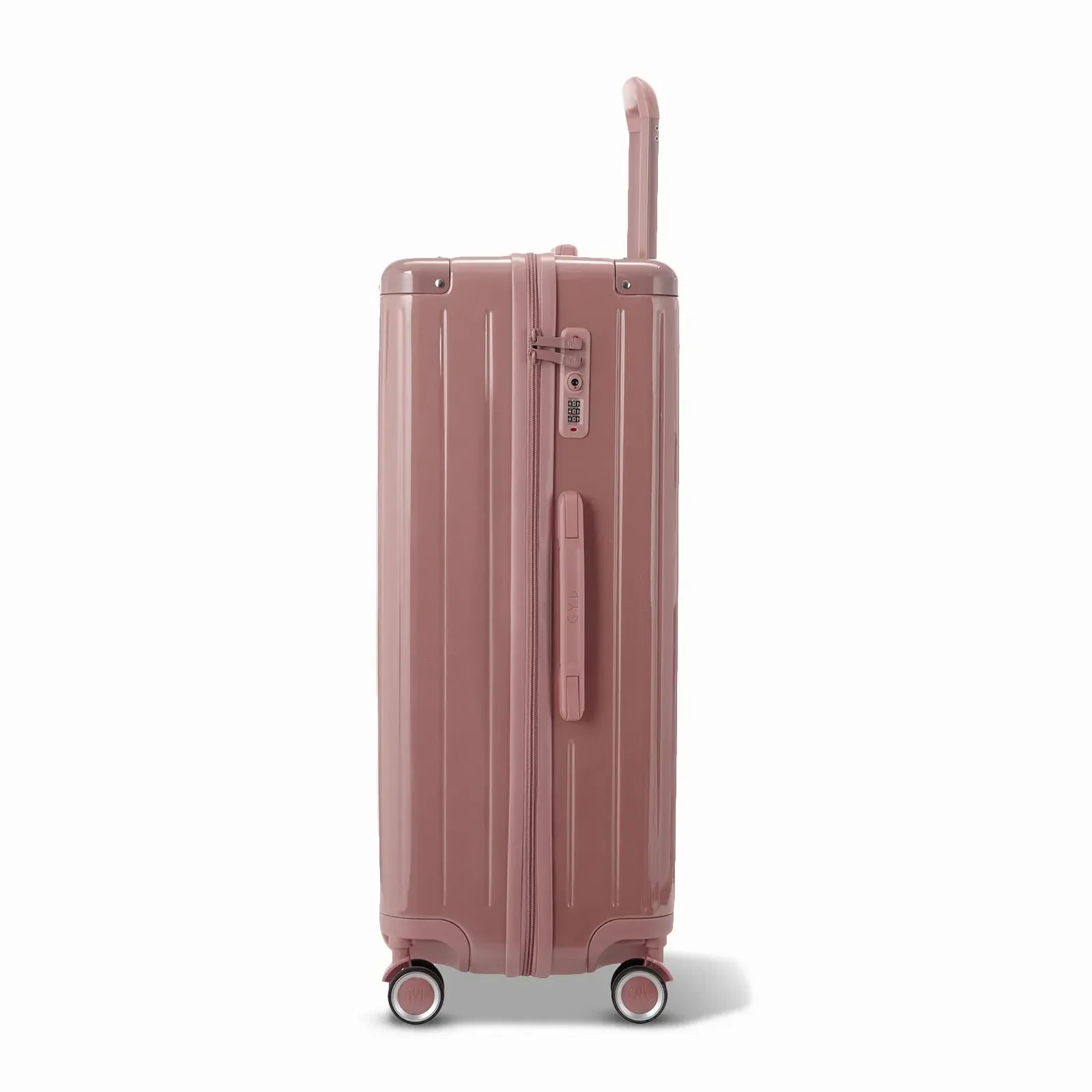Vue latérale de la valise rigide GYL Intemporelle rose gold avec poignée télescopique et fermeture TSA. #couleur_rose gold