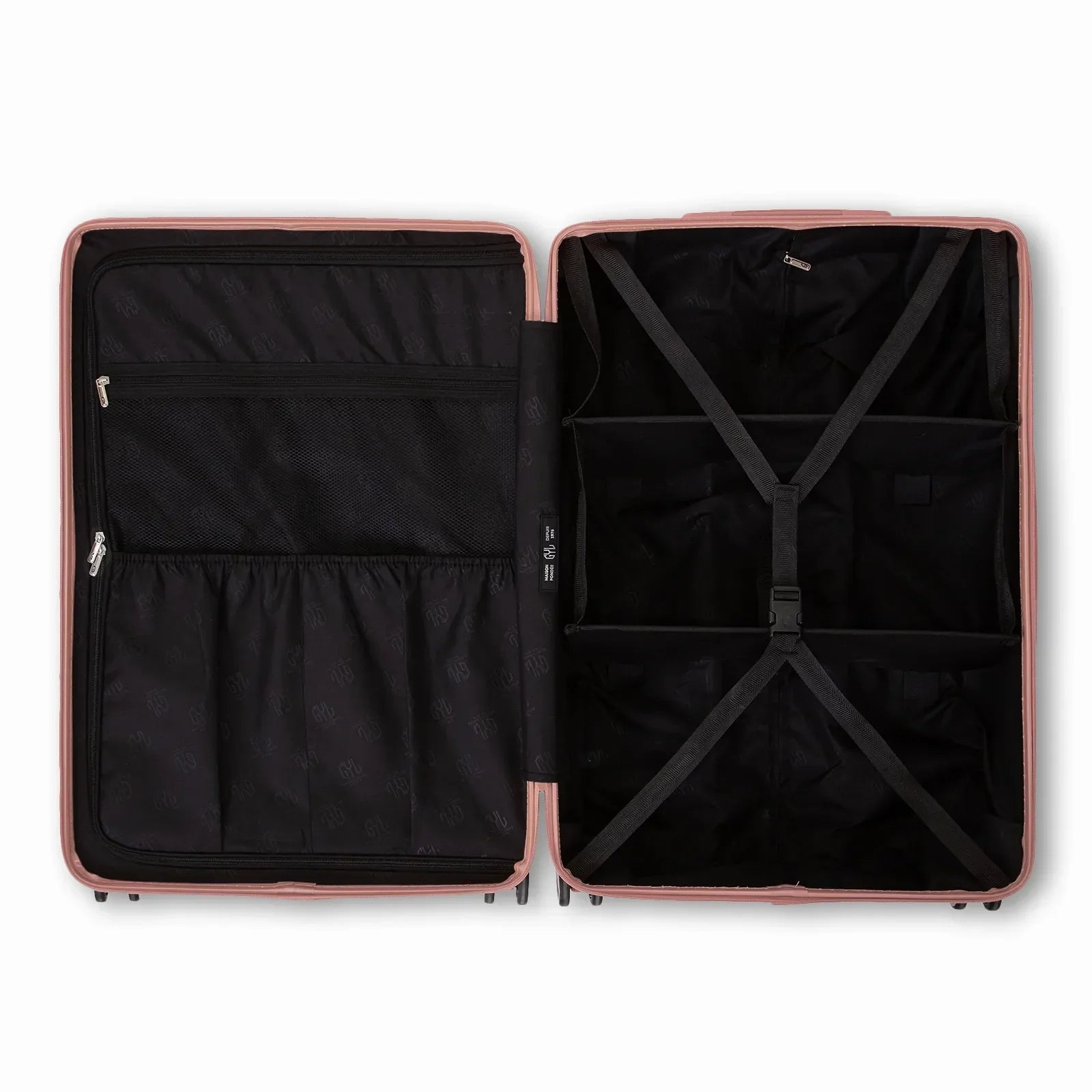 Intérieur compartimenté de la valise GYL Intemporelle rose gold avec sangles croisées et poches filet. #couleur_rose gold