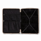 Intérieur compartimenté de la valise GYL Intemporelle sable avec sangles croisées et poches filet. #couleur_sable