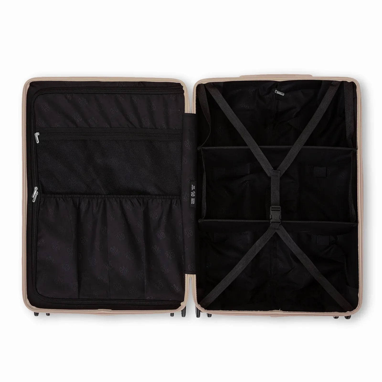 Intérieur compartimenté de la valise GYL Intemporelle sable avec sangles croisées et poches filet. #couleur_sable