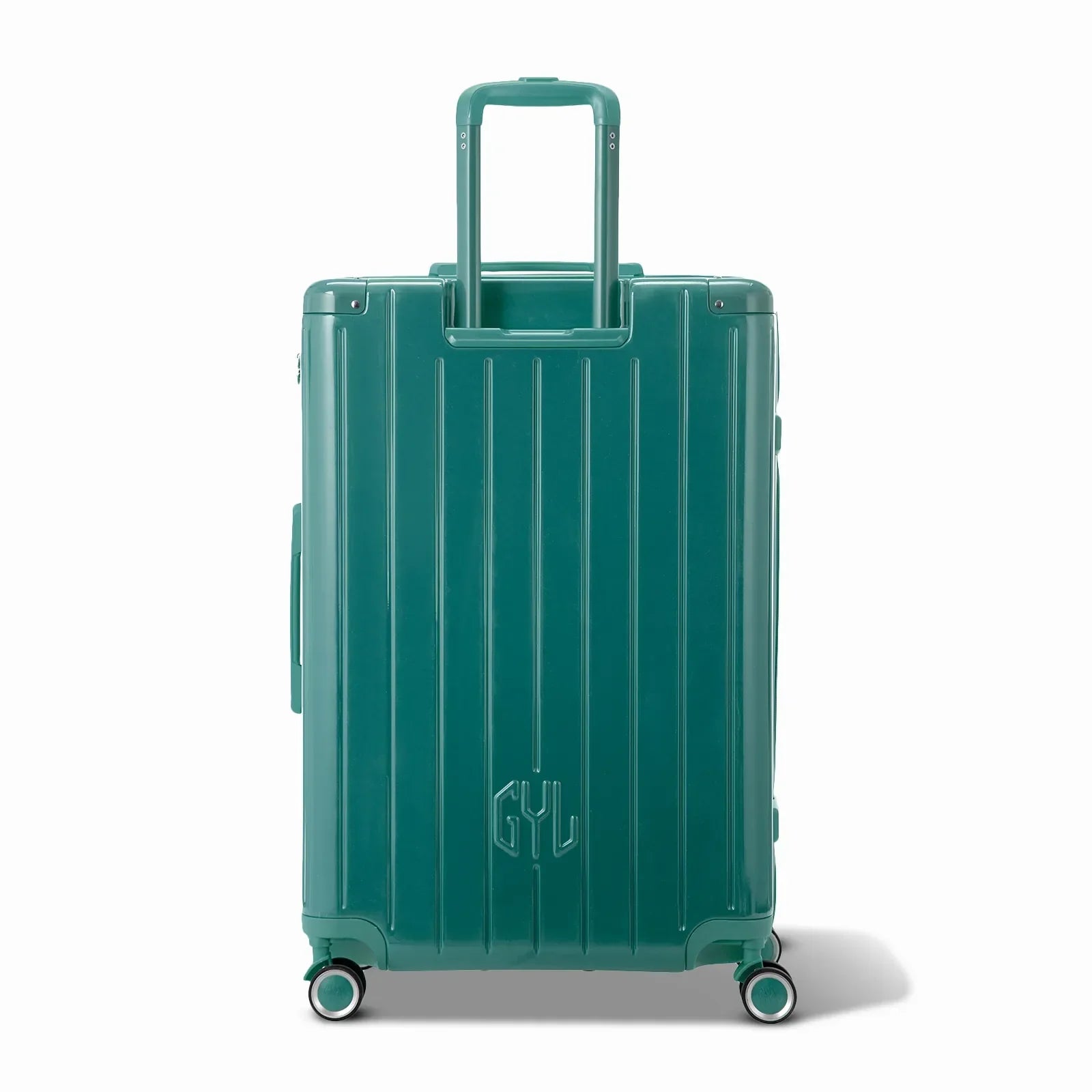 Vue arrière de la valise rigide GYL Intemporelle vert d'eau avec poignées intégrées et roulettes pivotantes. #couleur_vert