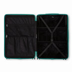 Intérieur compartimenté de la valise GYL Intemporelle vert d'eau avec sangles croisées et poches filet. #couleur_vert