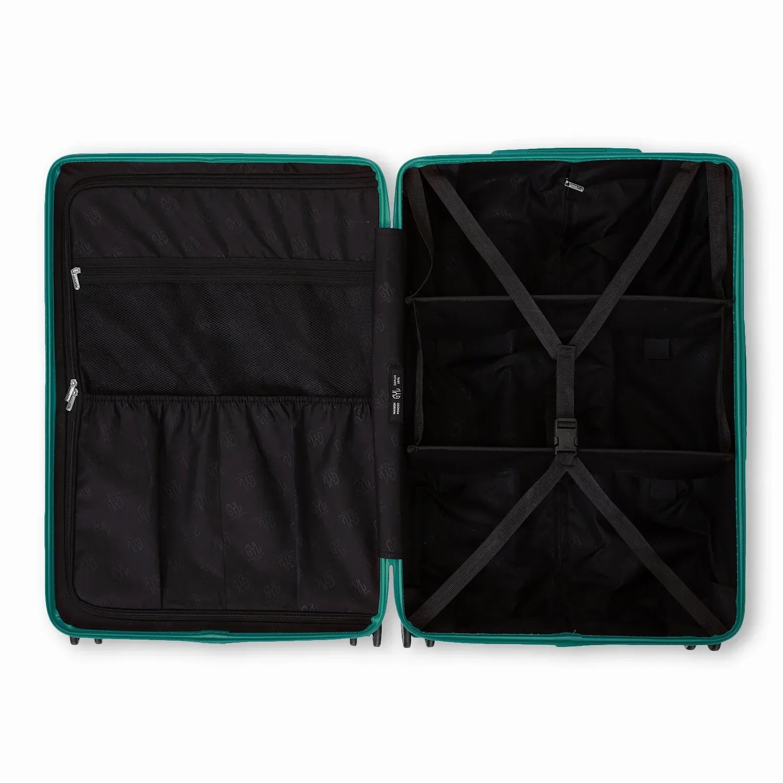 Intérieur compartimenté de la valise GYL Intemporelle vert d'eau avec sangles croisées et poches filet. #couleur_vert