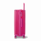 Vue latérale de la valise rigide GYL Intemporelle fuchsia avec poignée télescopique et fermeture TSA. #couleur_fuchsia