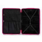 Intérieur compartimenté de la valise GYL Intemporelle fuchsia avec sangles croisées et poches filet. #couleur_fuchsia