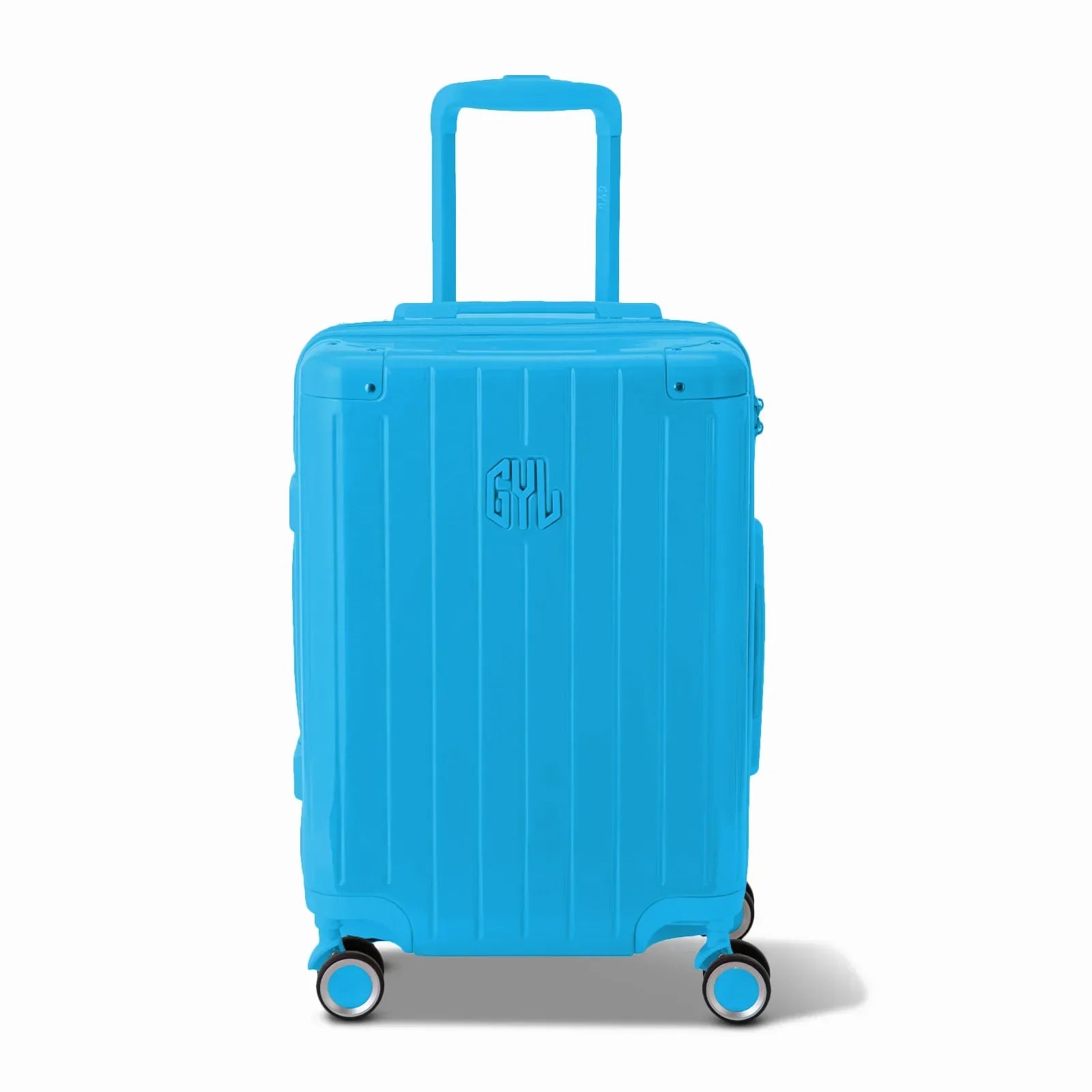 Vue avant de la valise rigide GYL Intemporelle menthe, logo embossé et roulettes 360 degrés. #couleur_menthe