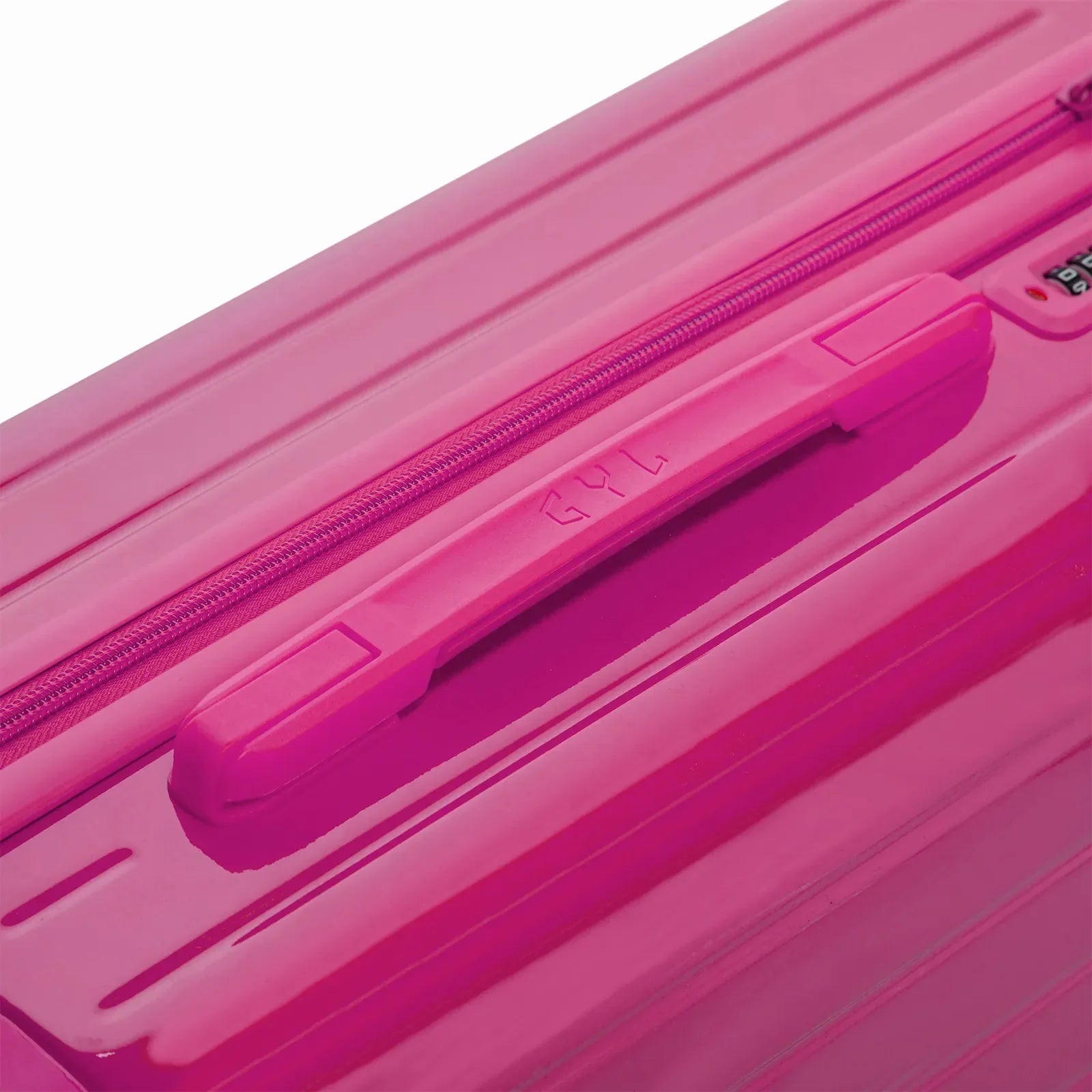 Poignée supérieure rigide de la valise GYL Intemporelle fuchsia avec logo embossé sur le dessus. #couleur_fuchsia