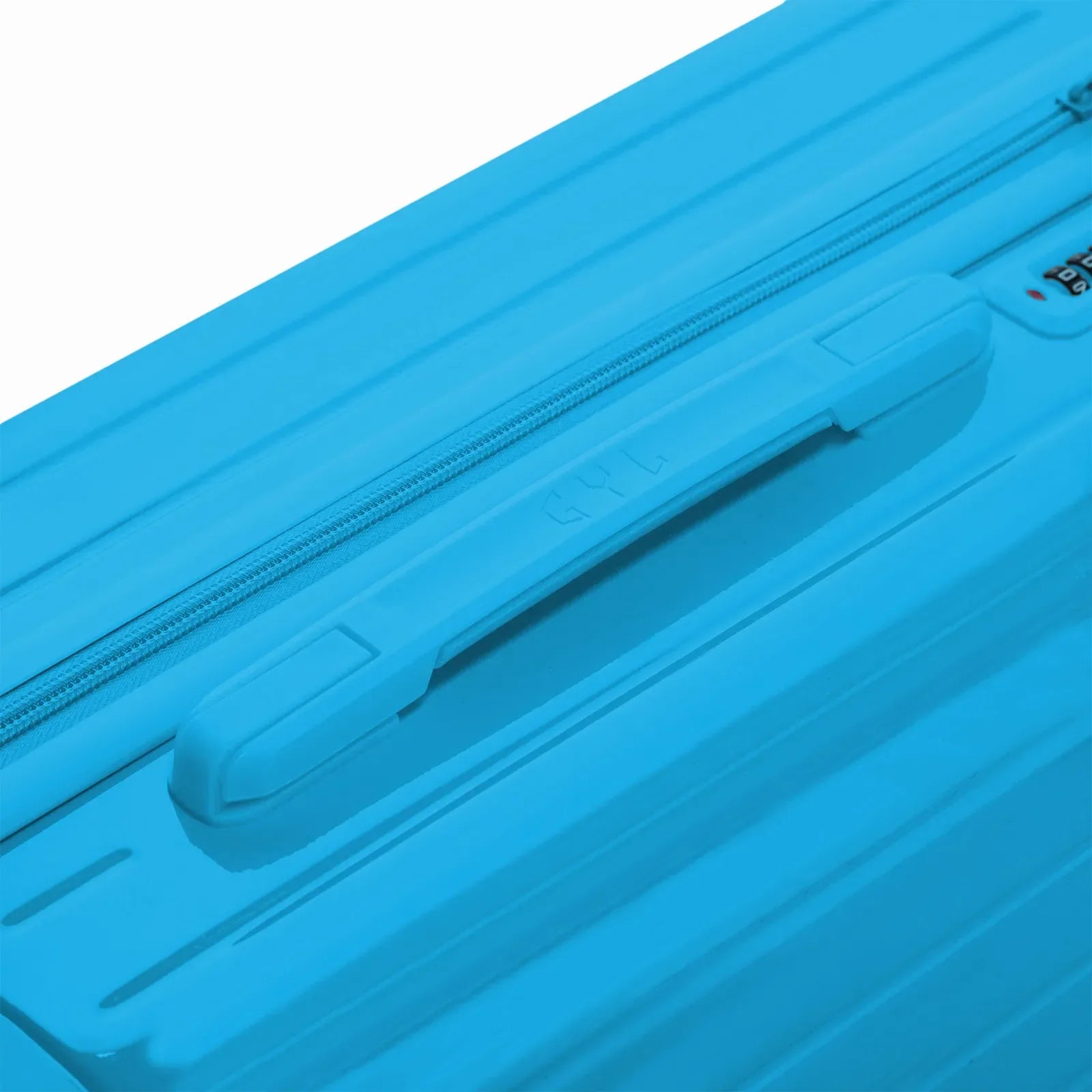 Poignée supérieure rigide de la valise GYL Intemporelle menthe avec logo embossé sur le dessus. #couleur_menthe
