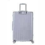 Vue arrière de la valise rigide GYL Intemporelle argent avec poignées intégrées et roulettes pivotantes. #couleur_argent