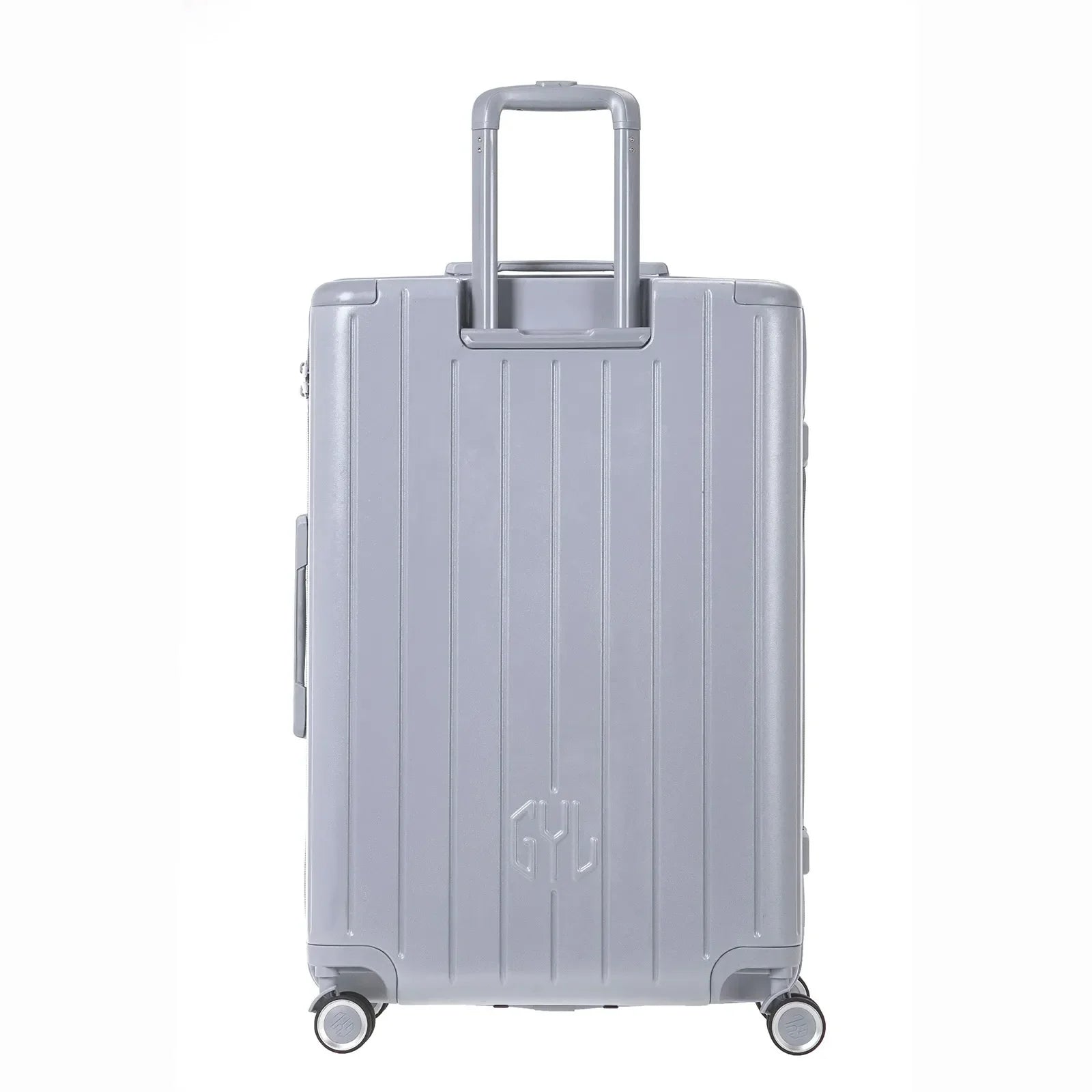 Vue arrière de la valise rigide GYL Intemporelle argent avec poignées intégrées et roulettes pivotantes. #couleur_argent