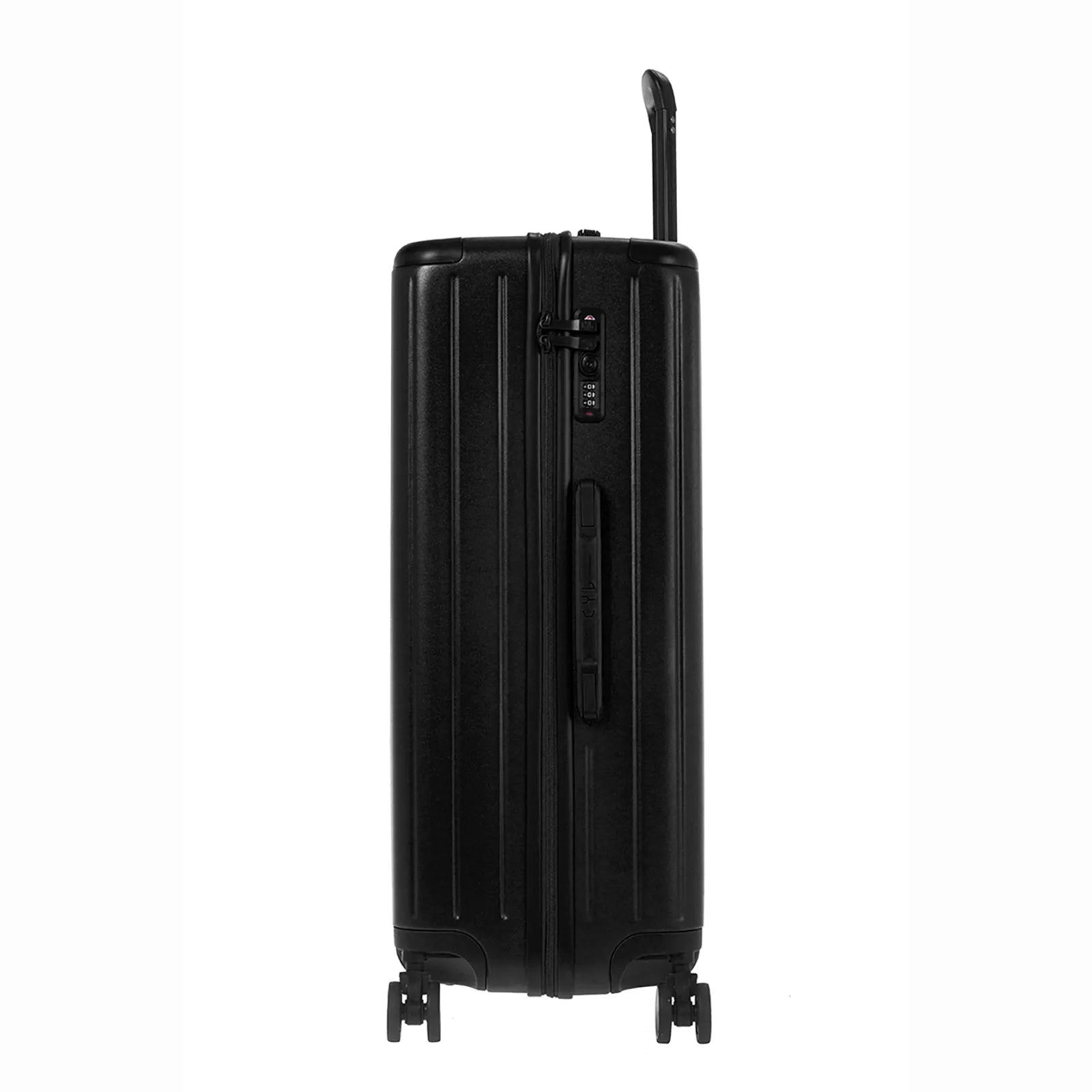 Vue de coté de la valise rigide GYL Intemporelle noir avec TSA. #couleur_noir