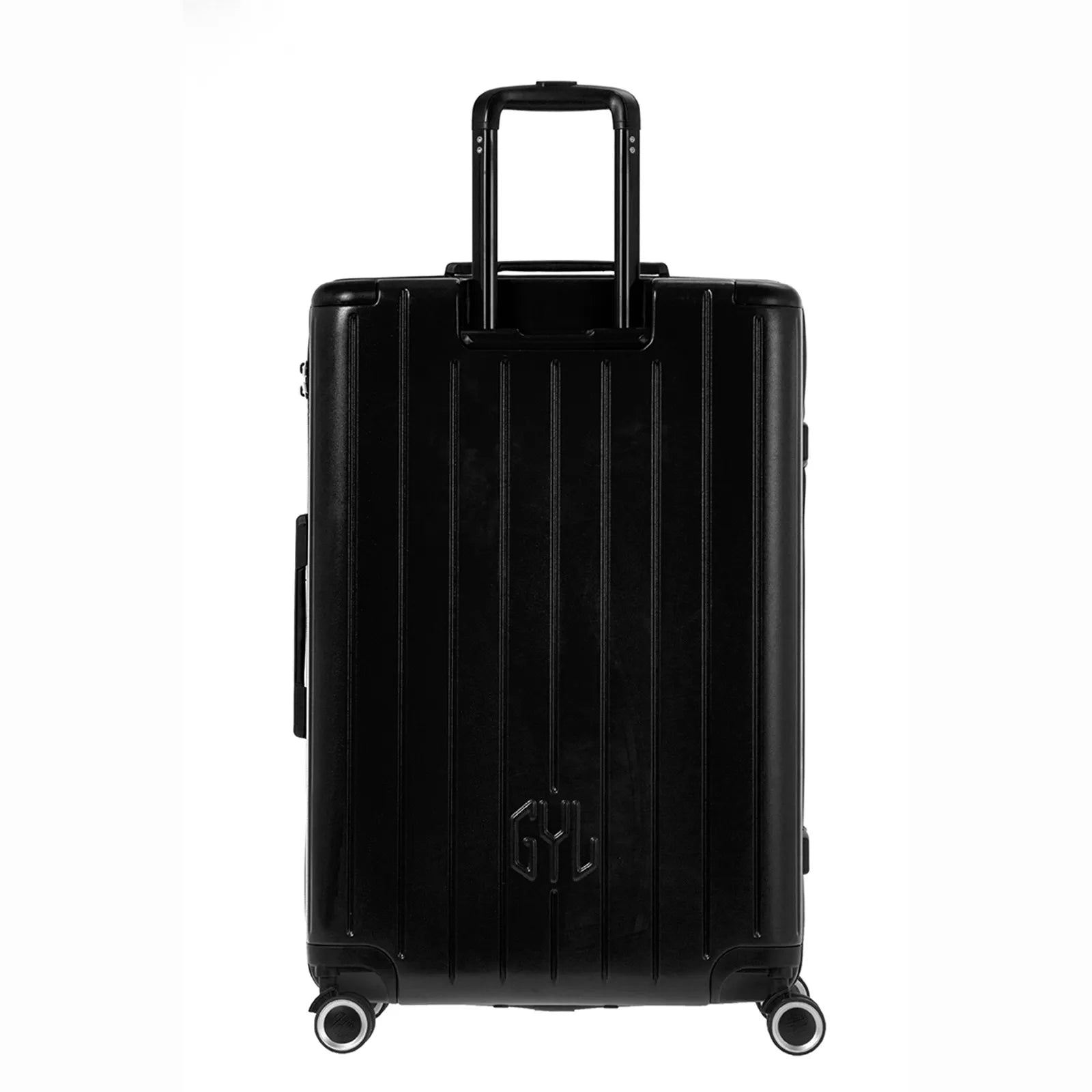 Vue arrière de la valise rigide GYL Intemporelle noir avec poignées intégrées et roulettes pivotantes. #couleur_noir