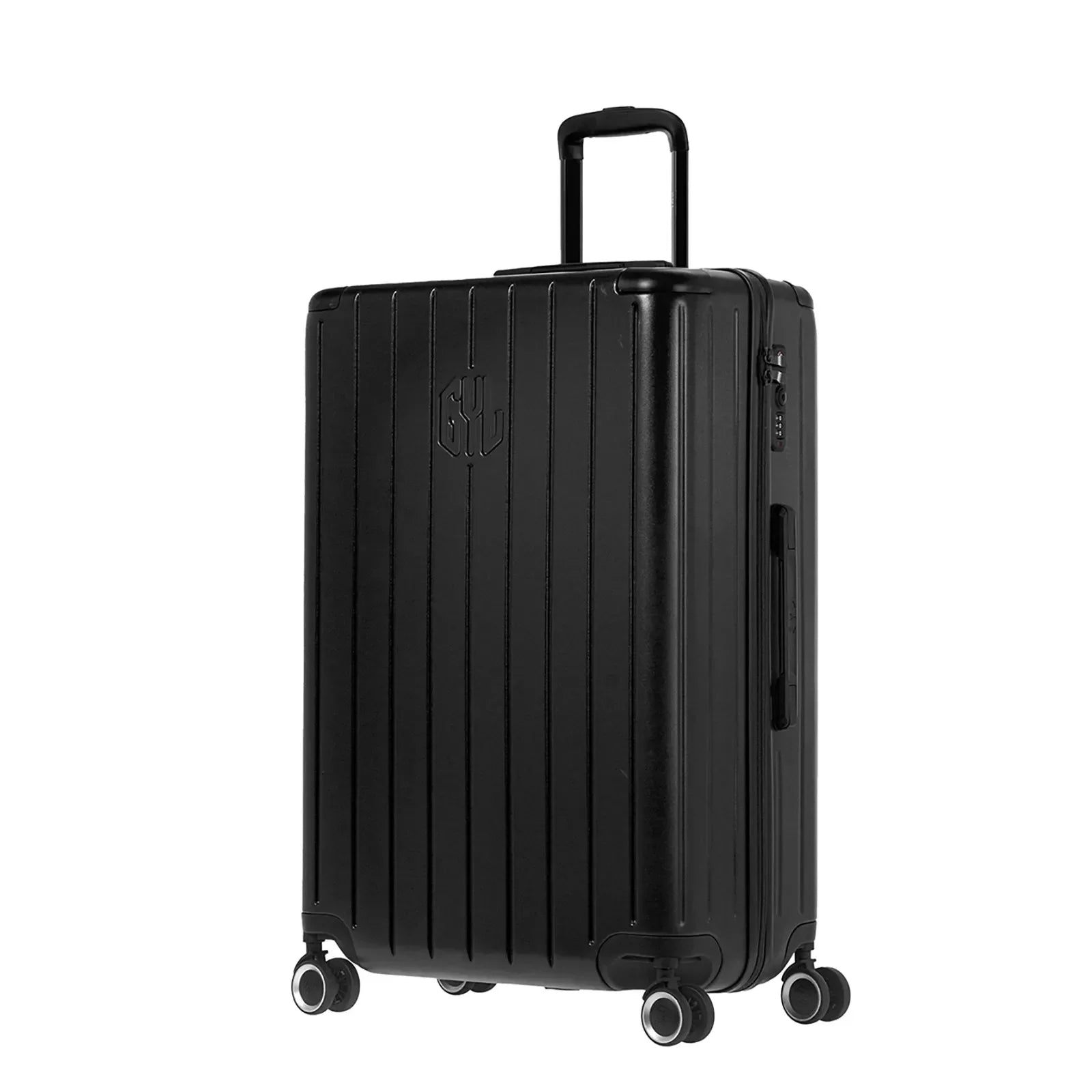 Vue avant avec angle de la valise rigide GYL Intemporelle noir avec poignées intégrées et roulettes pivotantes. #couleur_noir