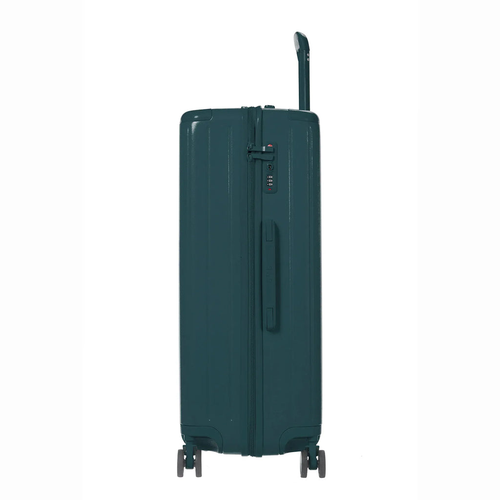 Vue côté de la valise rigide GYL Intemporelle sapin avec poignées intégrées et roulettes pivotantes. #couleur_sapin